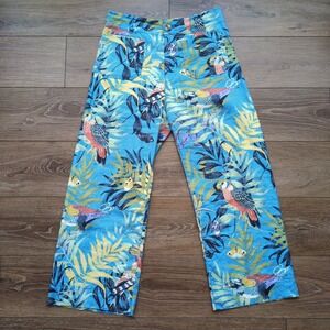 Maeve Anthropologie Colette Wide Leg Crop Pants Blue Tropical Jungle Bird Size 8